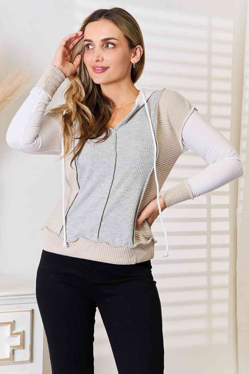 Double Take Color Block Exposed Seam Drawstring Hoodie *
