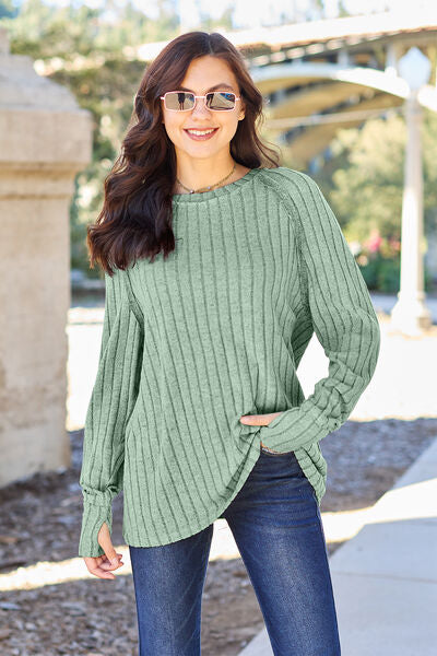 Basic Bae Full Size Ribbed Round Neck Long Sleeve Knit Top *