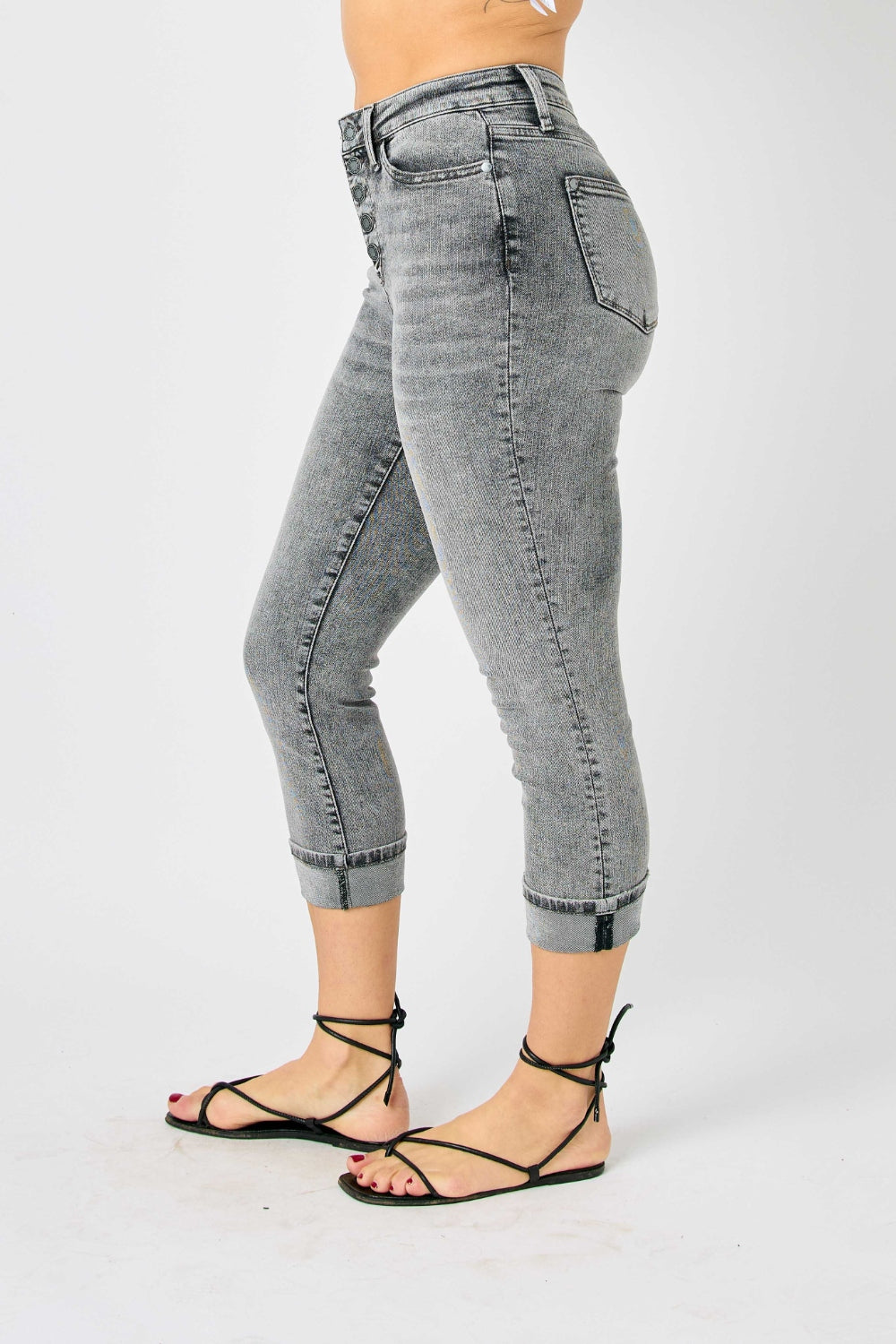 Judy Blue Full Size Button Fly High Waist Cuffed Capris Jeans *
