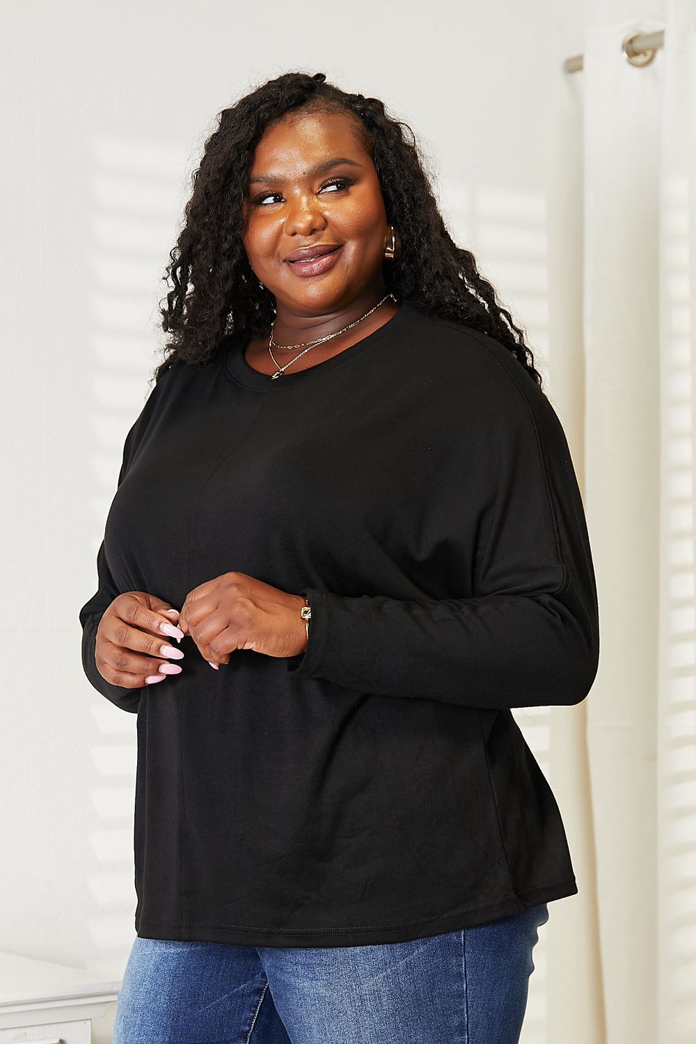 Double Take Light Gray Full Size Seam Detail Round Neck Long Sleeve Top *