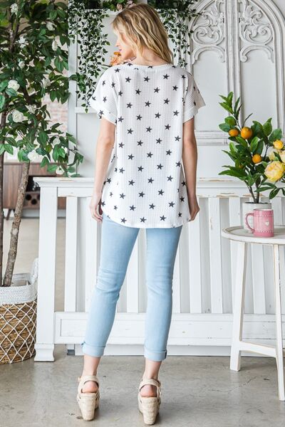 Heimish Full Size Star Print Short Sleeve V-Neck Waffle Knit T-Shirt *
