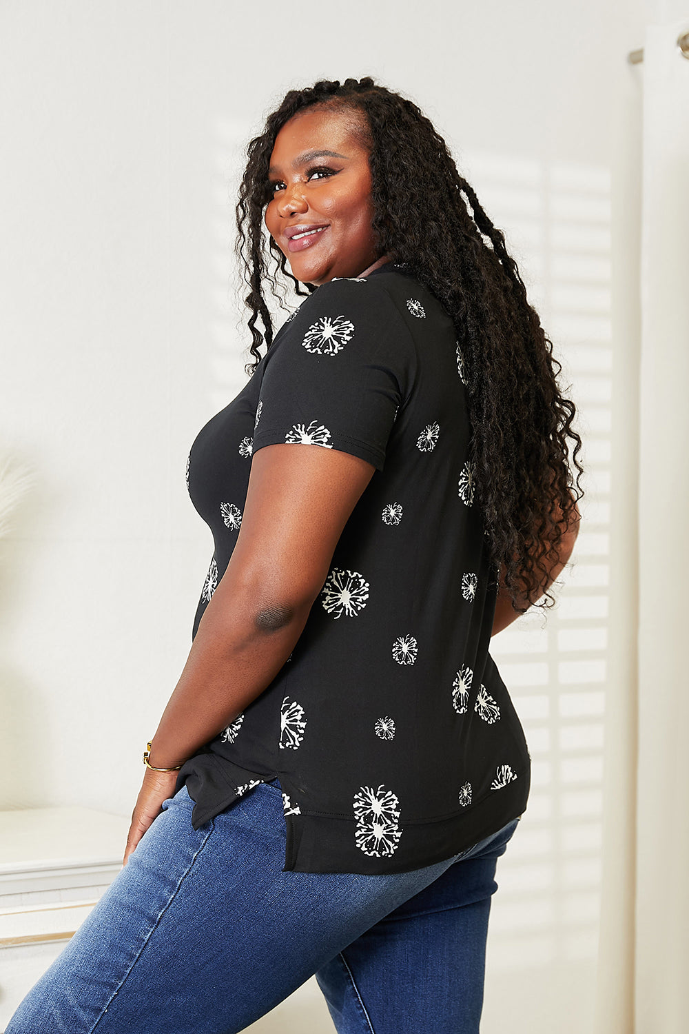 Double Take Black Full Size Dandelion Print Round Neck T-Shirt *