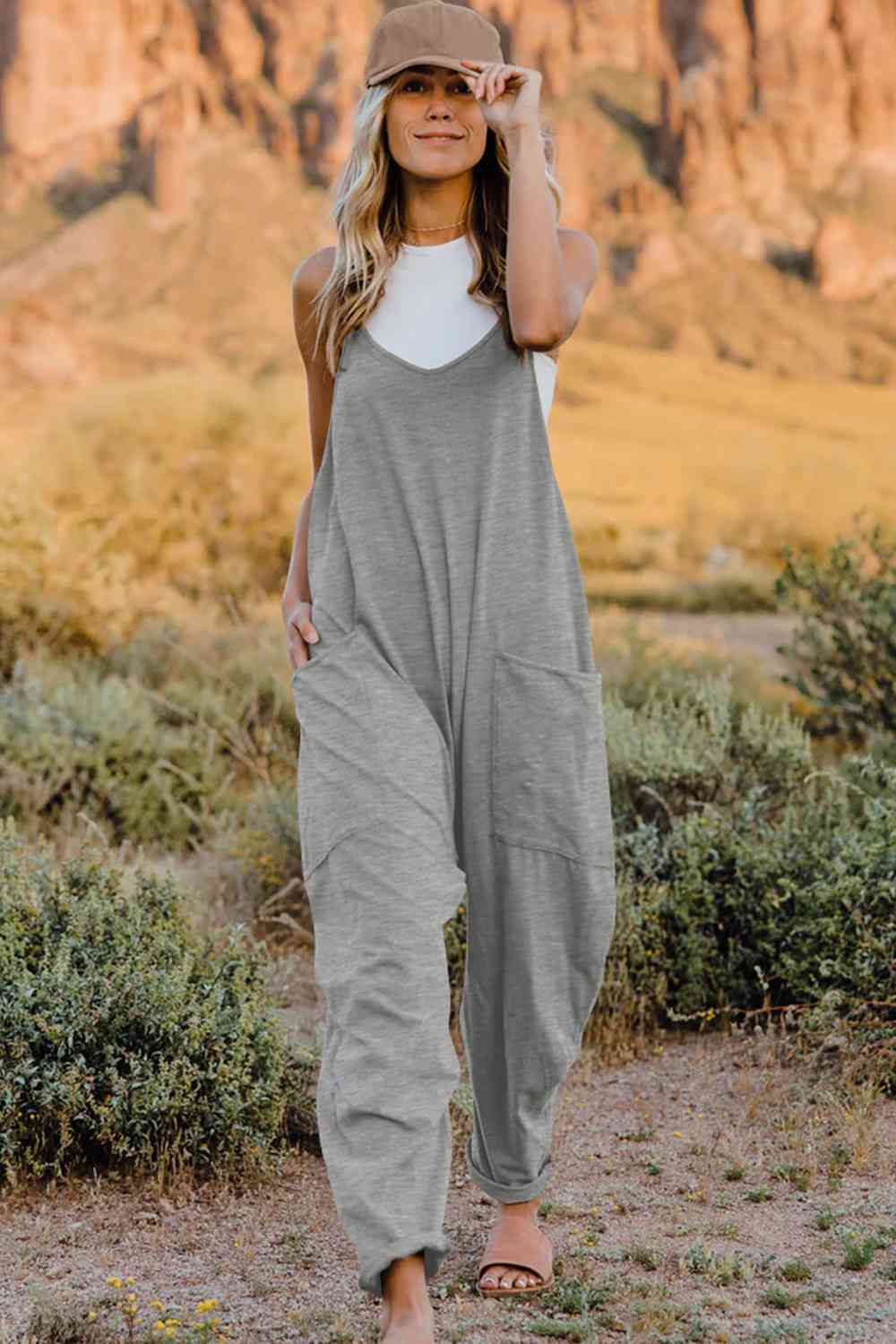 Double Take Full Size V-Neck Sleeveless Jumpsuit with Pockets *