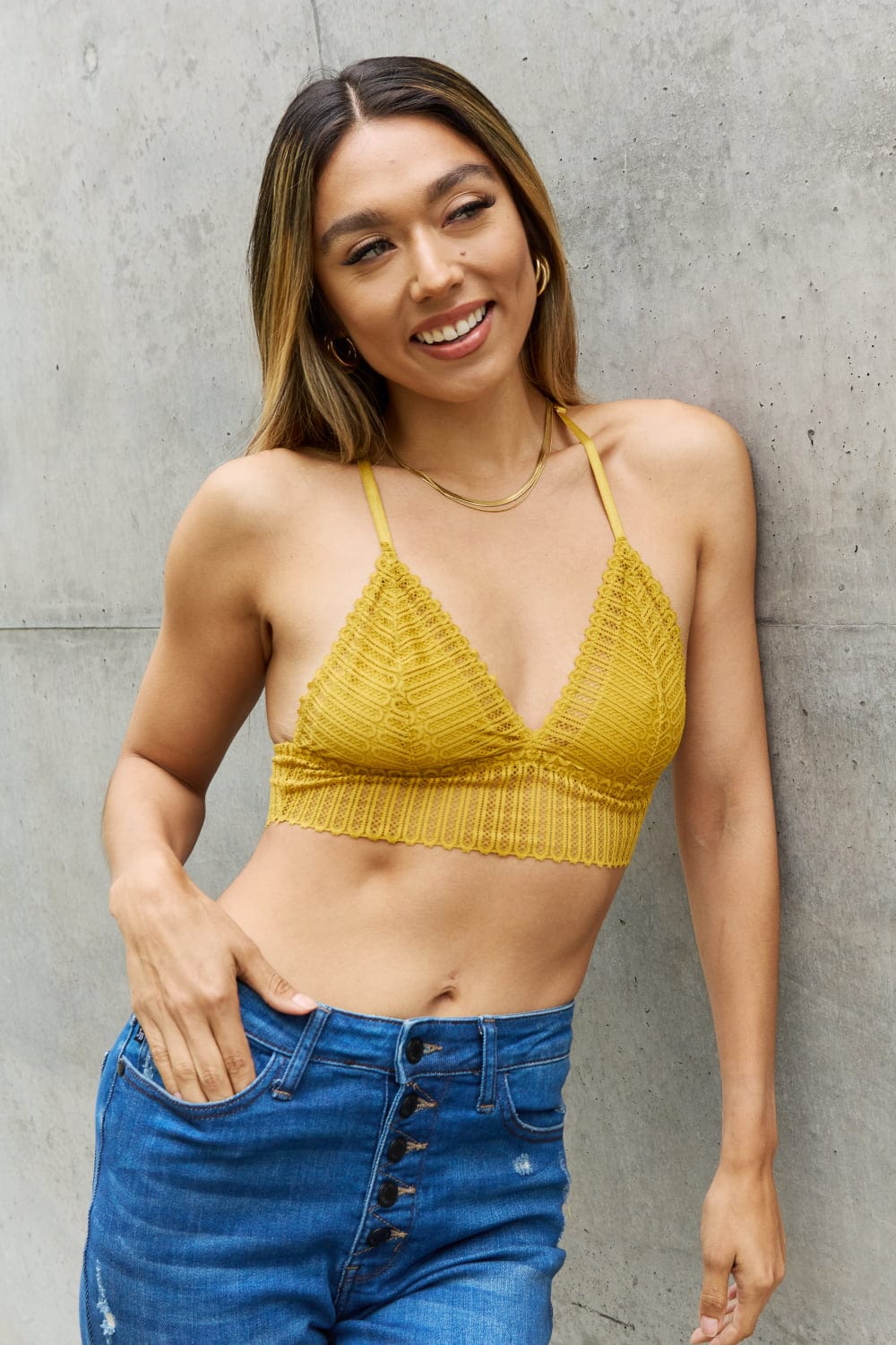 Leto Ribbed Lace Boho Racerback Bralette in Straw *