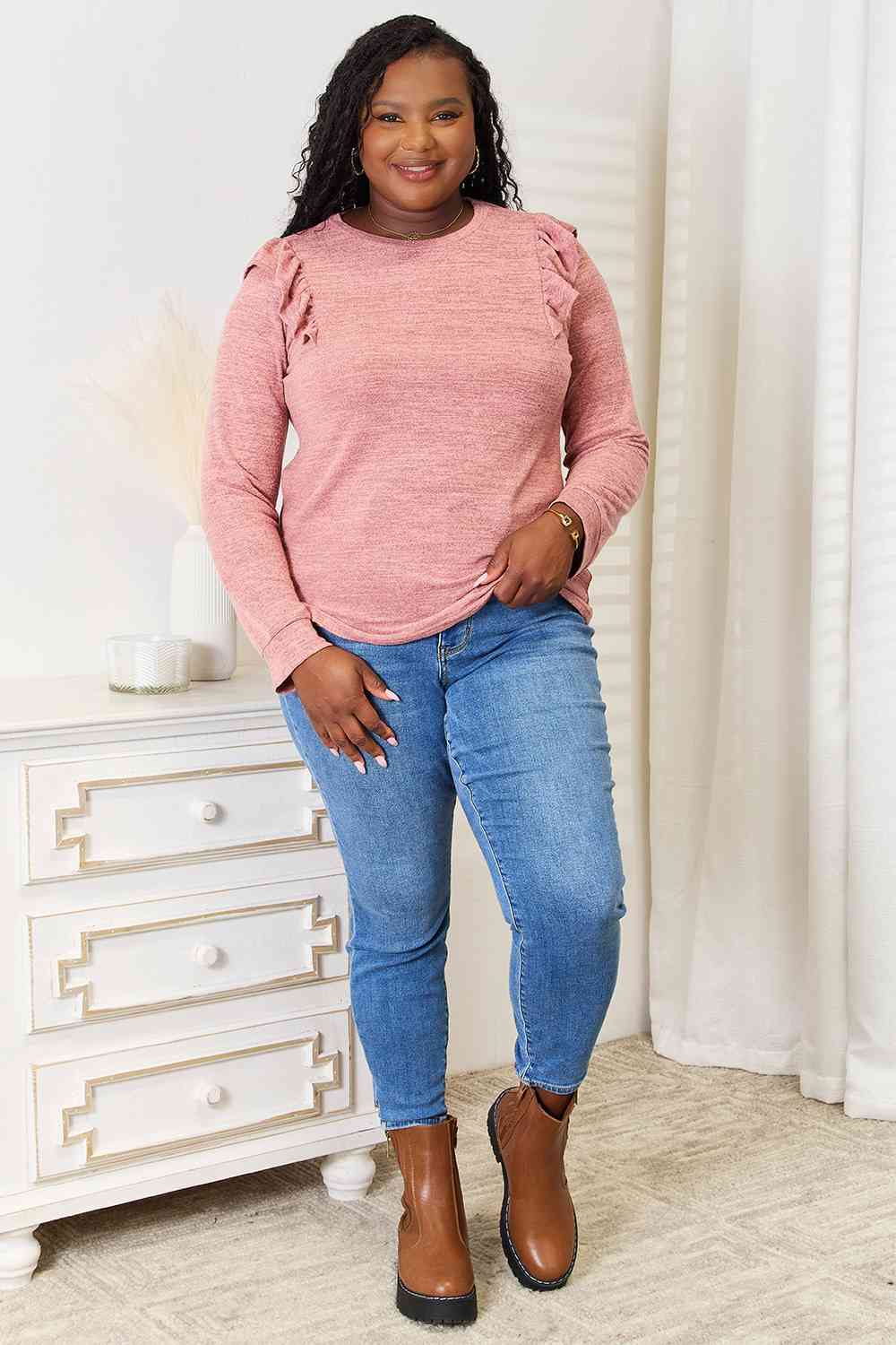 Double Take Ruffle Shoulder Long Sleeve T-Shirt *