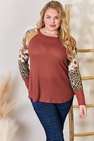 Hailey & Co Full Size Leopard Waffle-Knit Blouse *