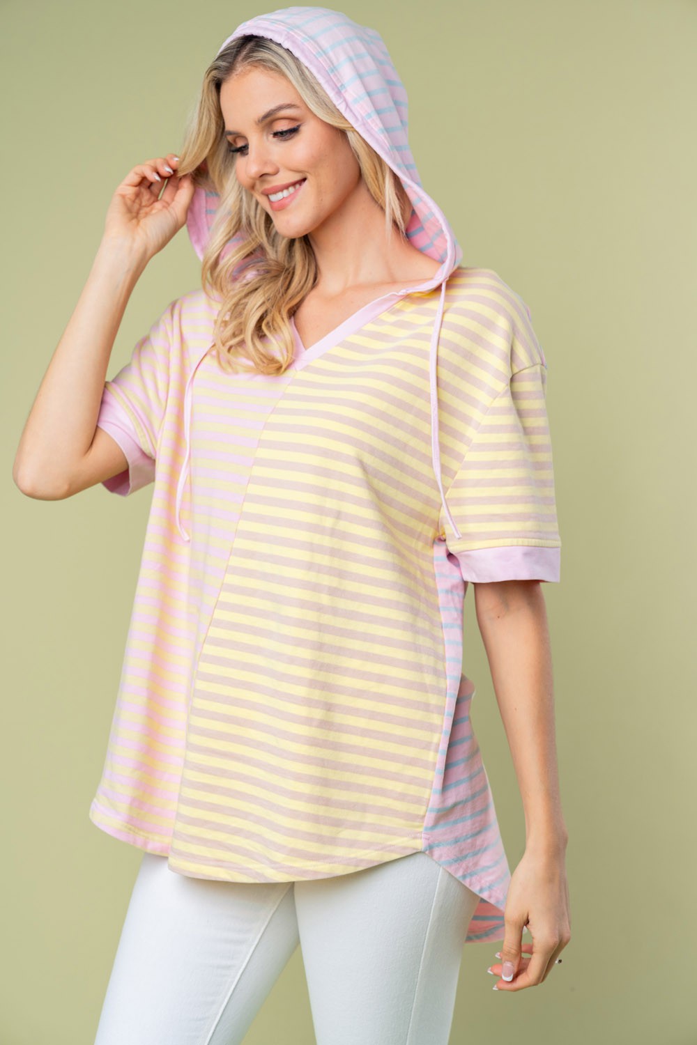 White Birch Full Size Striped Short Sleeve Drawstring Hooded Top *