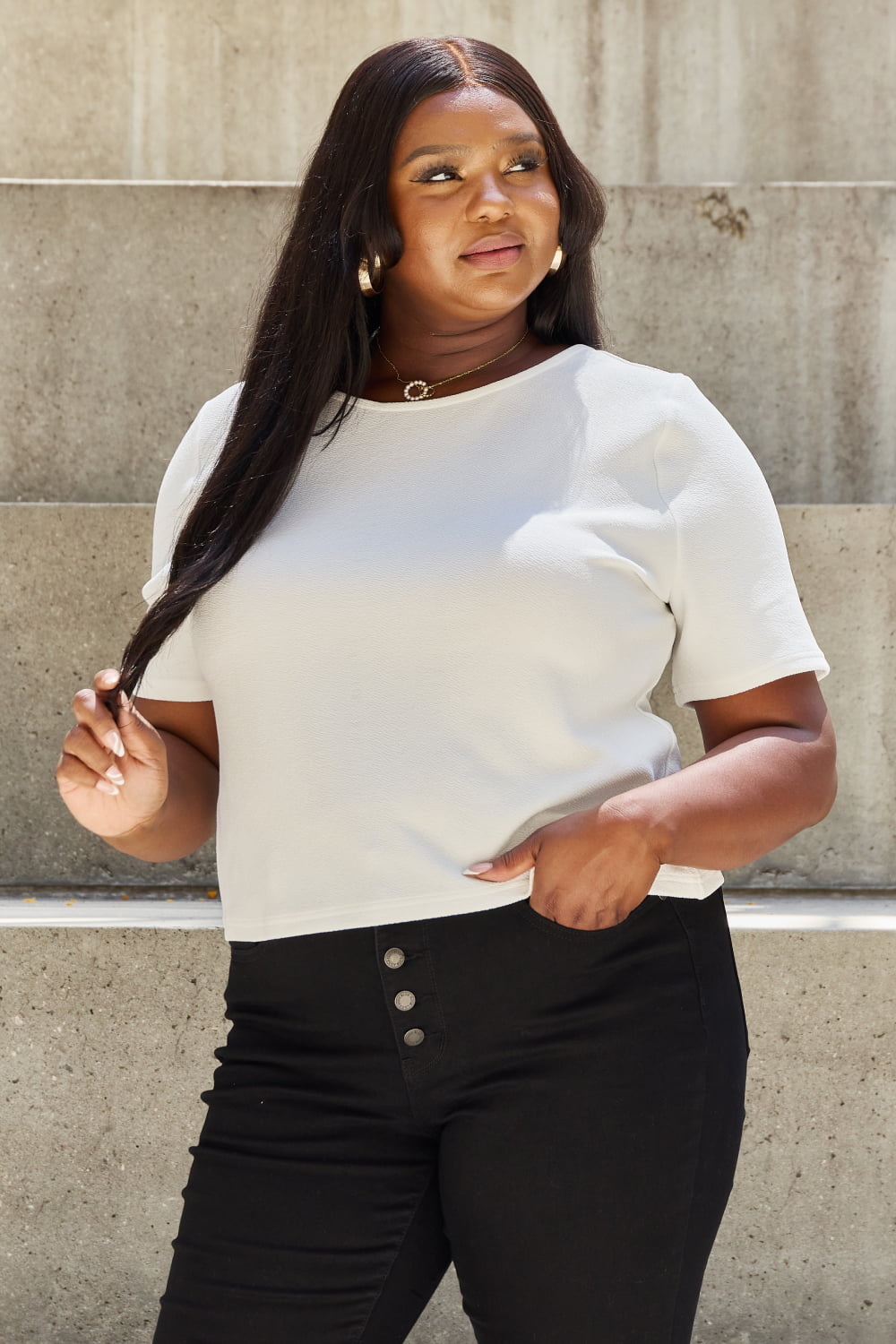 And The Why Pearly White Full Size Criss Cross Pearl Detail Open Back T-Shirt *