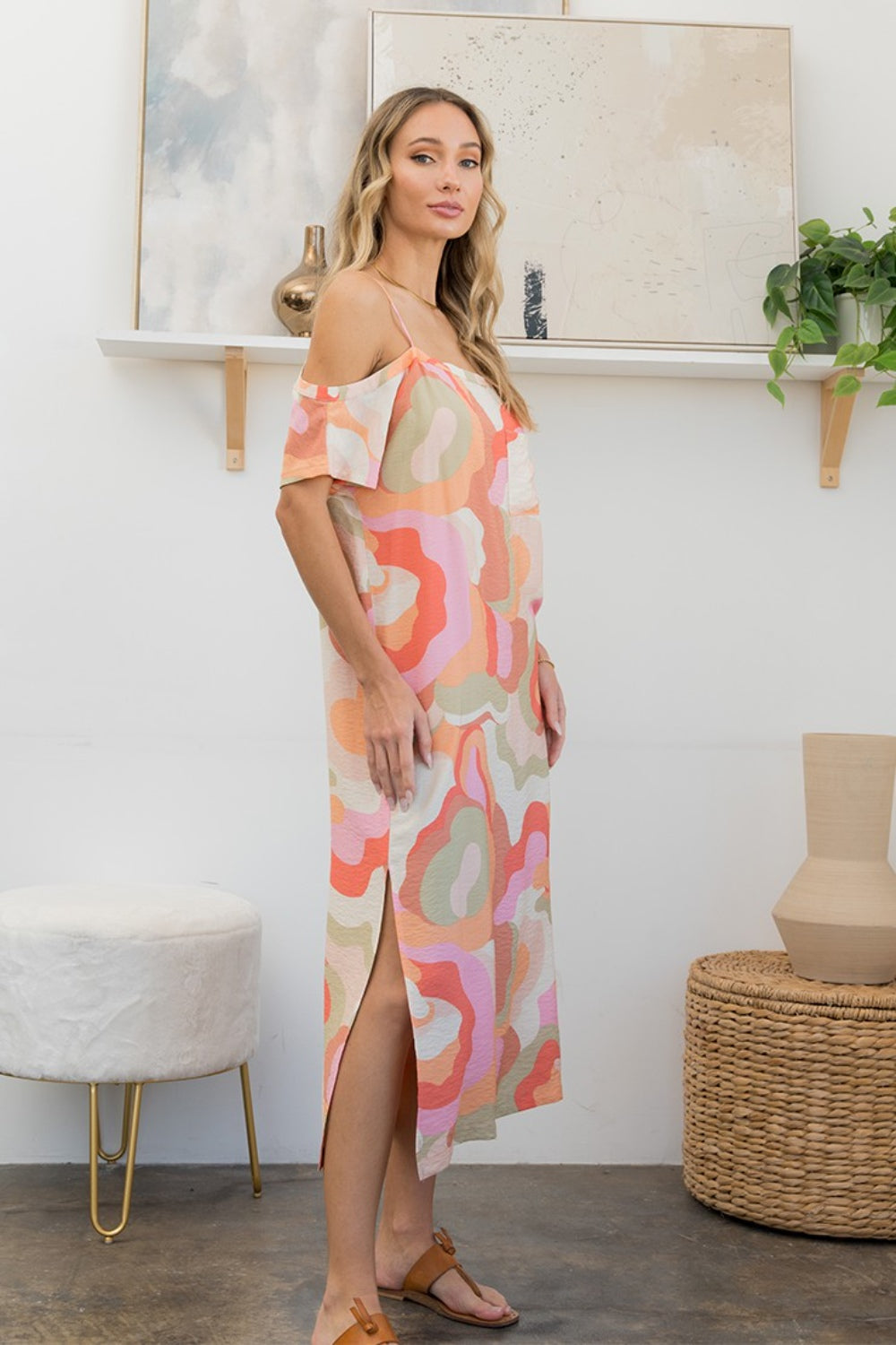 Sew In Love Full Size Printed Side Slit Midi Dress *