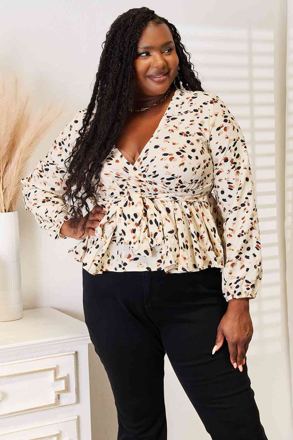 Double Take Printed Tied Plunge Peplum Blouse *