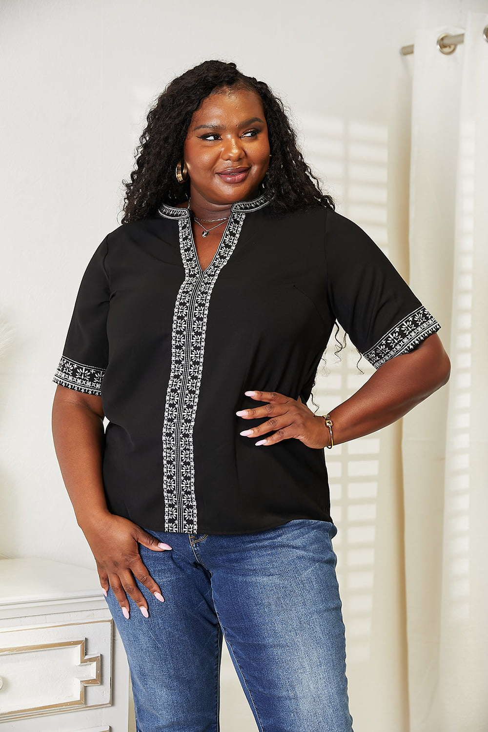 Double Take Black Full Size Embroidered Notched Neck Top *