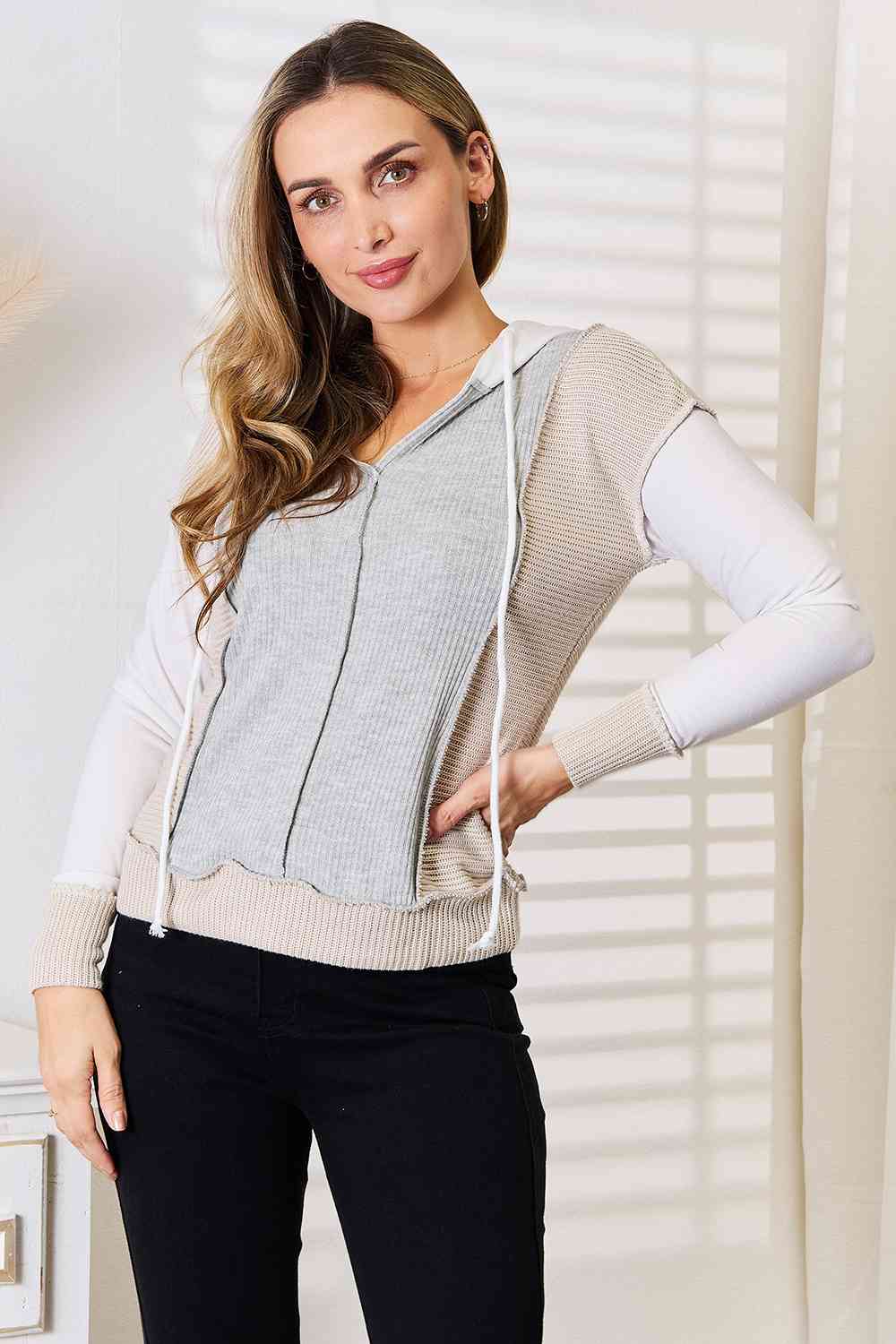 Double Take Color Block Exposed Seam Drawstring Hoodie *