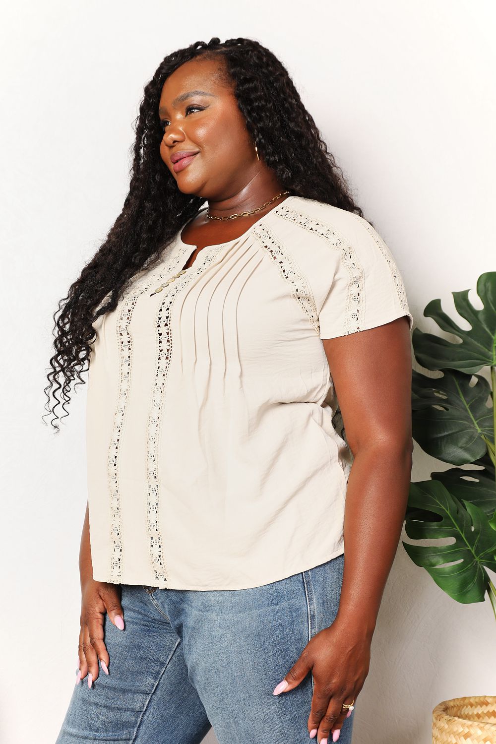 Double Take Pastel Yellow Full Size Crochet Buttoned Short Sleeves Top *