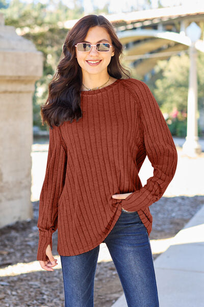 Basic Bae Full Size Ribbed Round Neck Long Sleeve Knit Top *