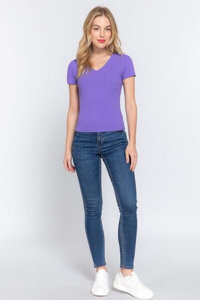 ACTIVE BASIC V-Neck Ribbed Short Sleeve Knit T-Shirt *