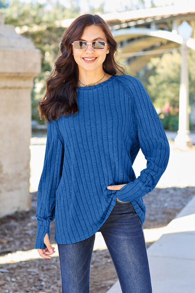 Basic Bae Full Size Ribbed Round Neck Long Sleeve Knit Top *