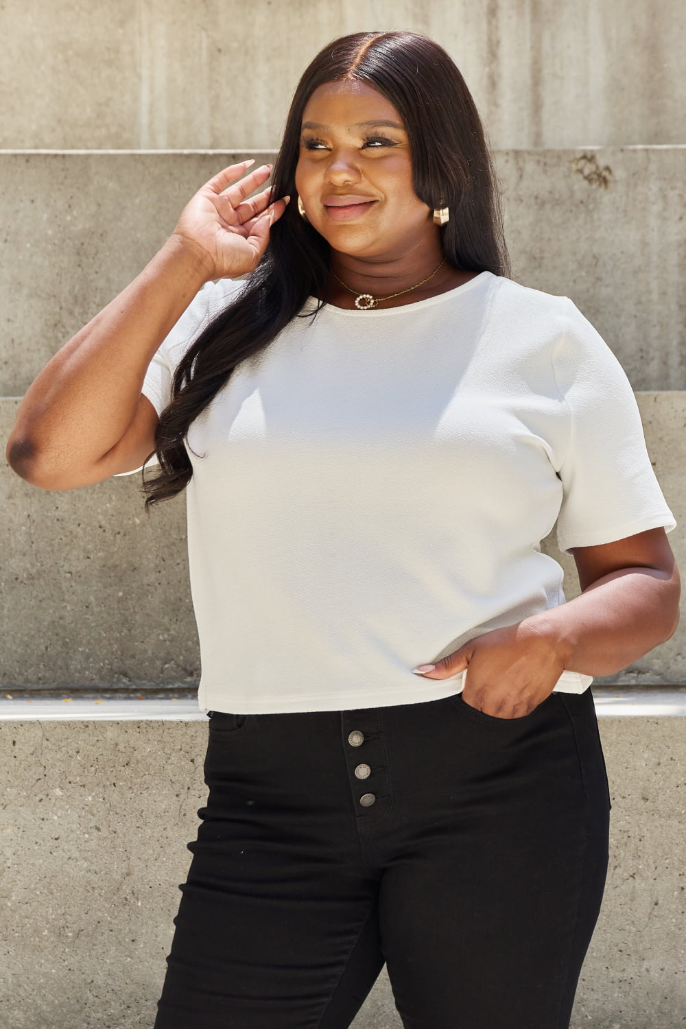And The Why Pearly White Full Size Criss Cross Pearl Detail Open Back T-Shirt *