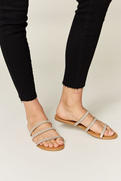 WILD DIVA Rhinestone Three-Strap Flat Sandals *