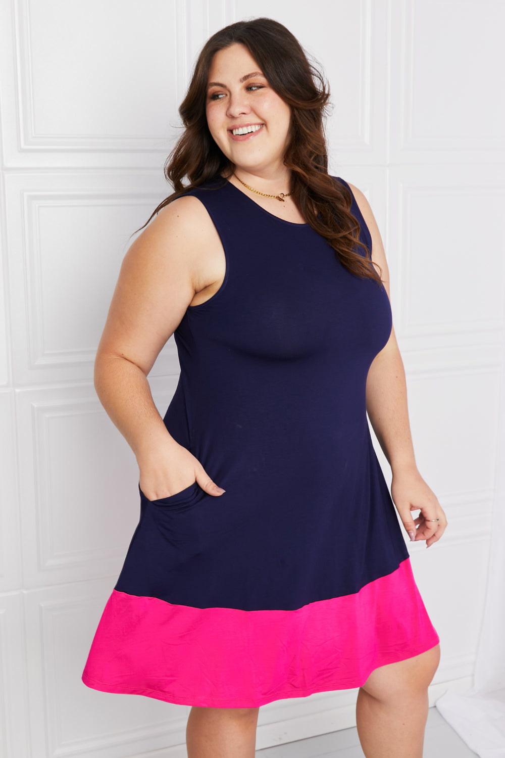 Yelete Full Size Two-Tone Sleeveless Mini Dress with Pockets *