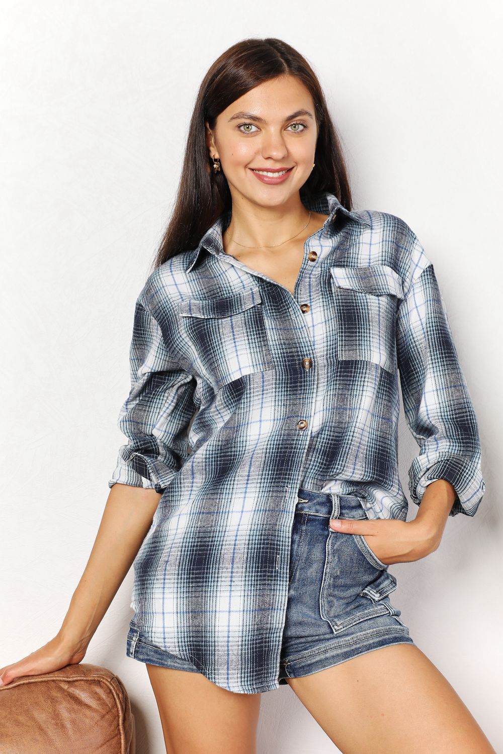 Double Take Full Size Plaid Dropped Shoulder Shirt *