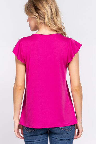 ACTIVE BASIC Ruffle Short Sleeve Lace Detail Knit Top *