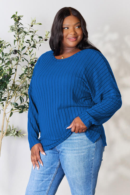 Basic Bae Full Size Ribbed Round Neck Slit Long Sleeve T-Shirt *