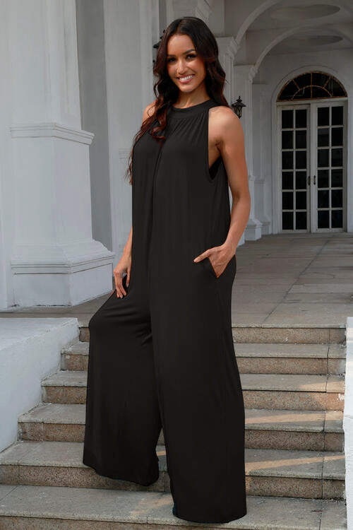 Double Take Full Size Tie Back Cutout Sleeveless Jumpsuit *