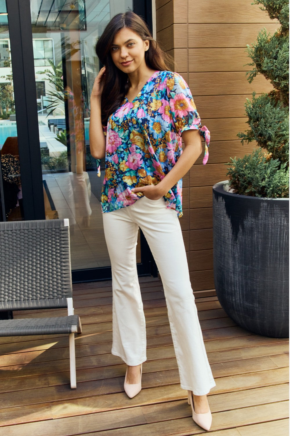 Petal Dew Full Size Floral V-Neck Tie Detail Blouse *