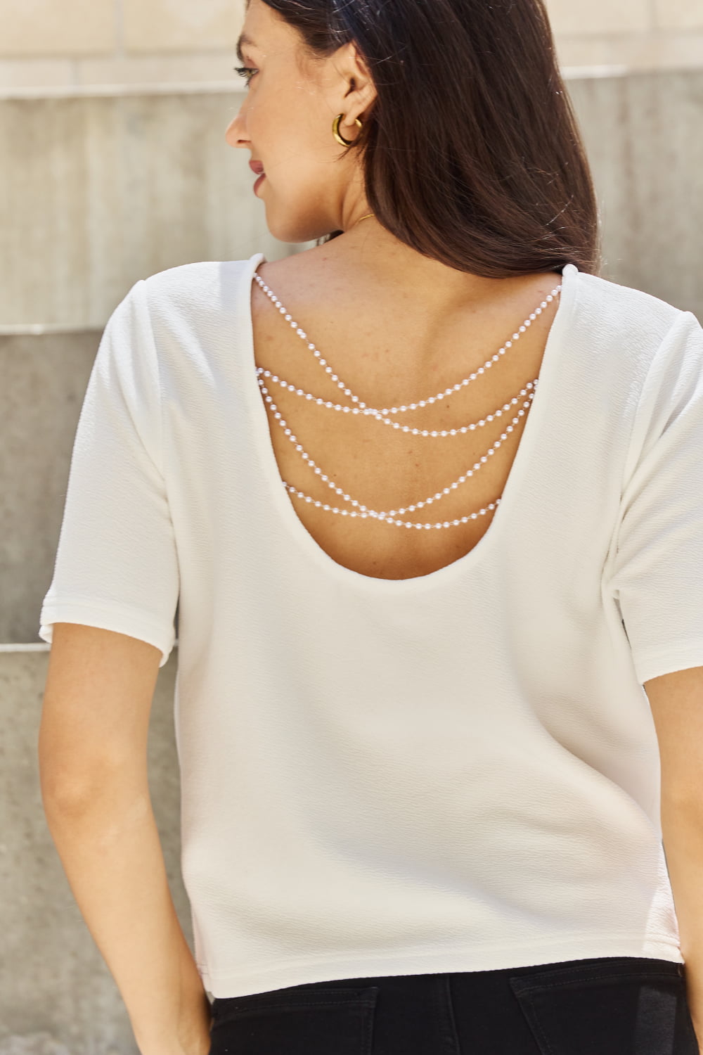 And The Why Pearly White Full Size Criss Cross Pearl Detail Open Back T-Shirt *