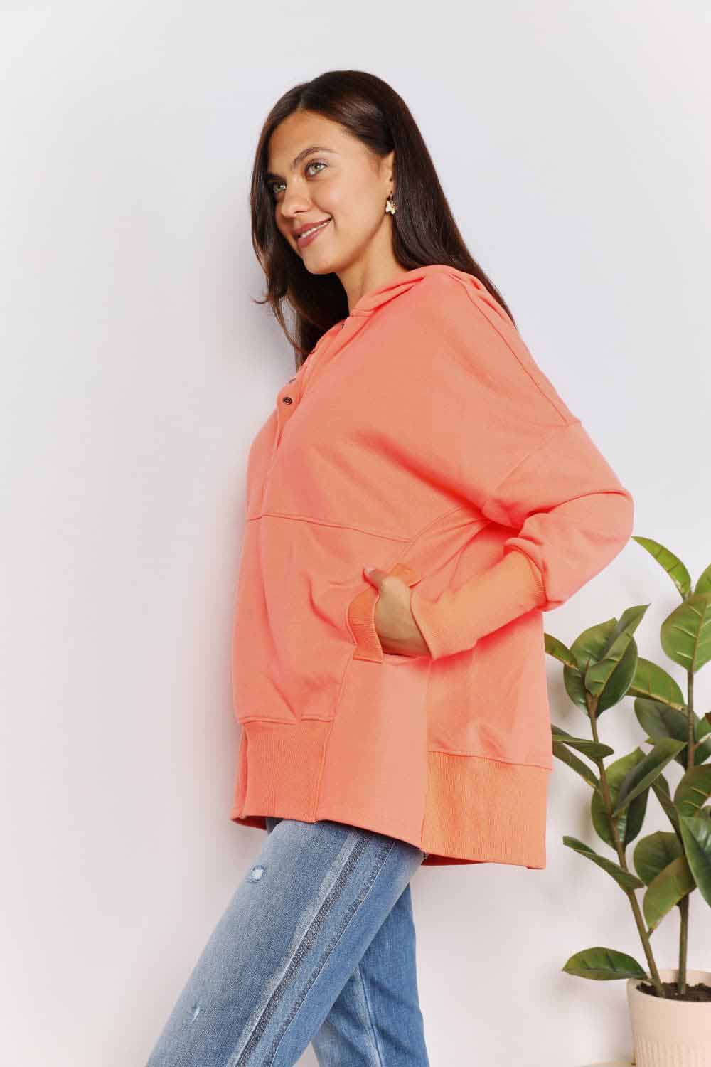 Double Take Quarter-Snap Dropped Shoulder Hoodie *