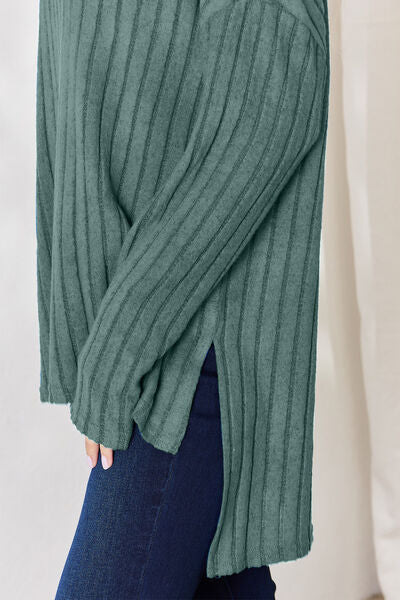 Basic Bae Full Size Ribbed Half Button Long Sleeve High-Low T-Shirt *
