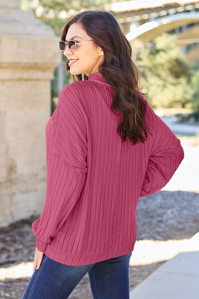 Basic Bae Full Size Ribbed Exposed Seam Mock Neck Knit Top *
