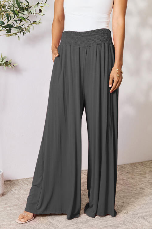 Double Take Full Size Smocked Wide Waistband Wide Leg Pants *