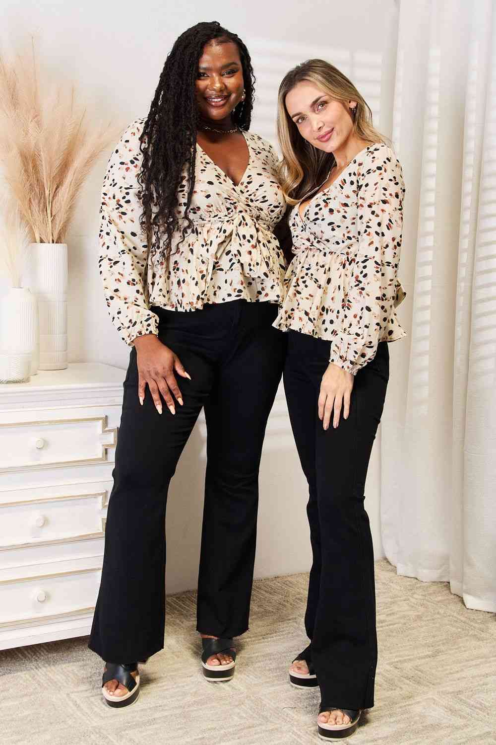 Double Take Printed Tied Plunge Peplum Blouse *