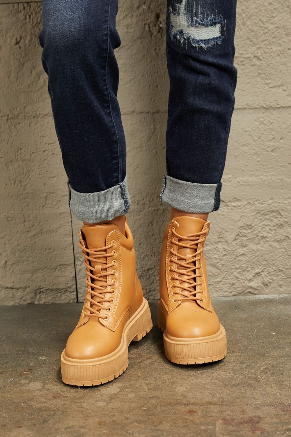 East Lion Corp Platform Caramel Combat Boots *