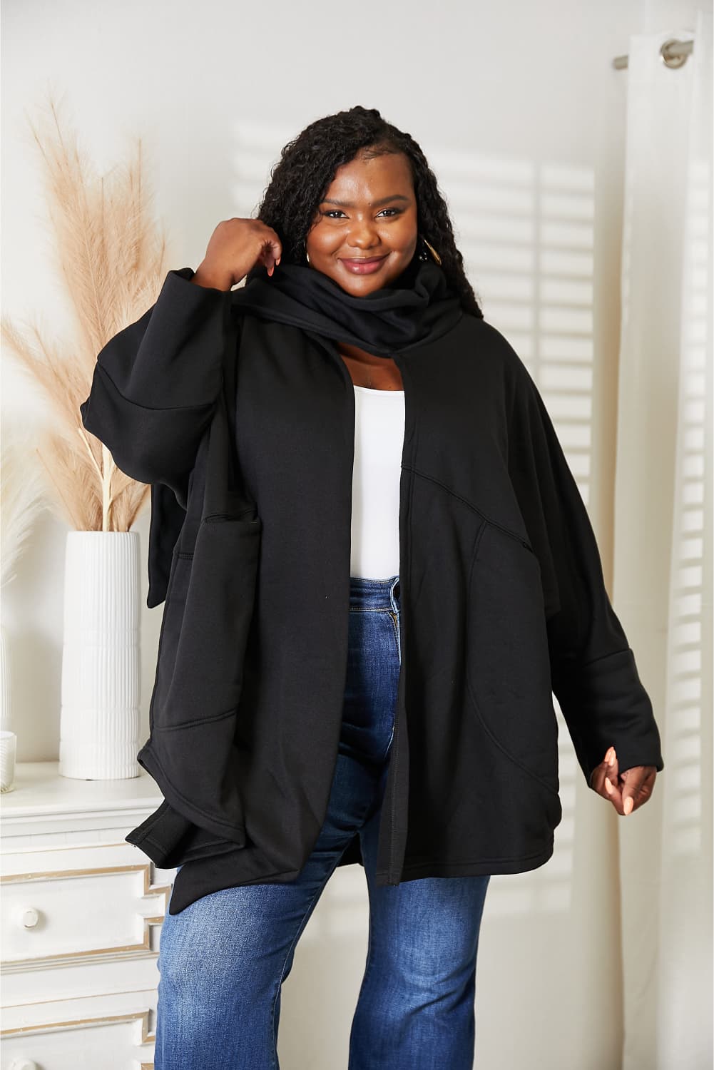 HEYSON Full Size Open Front Black Cardigan with Scarf Design *