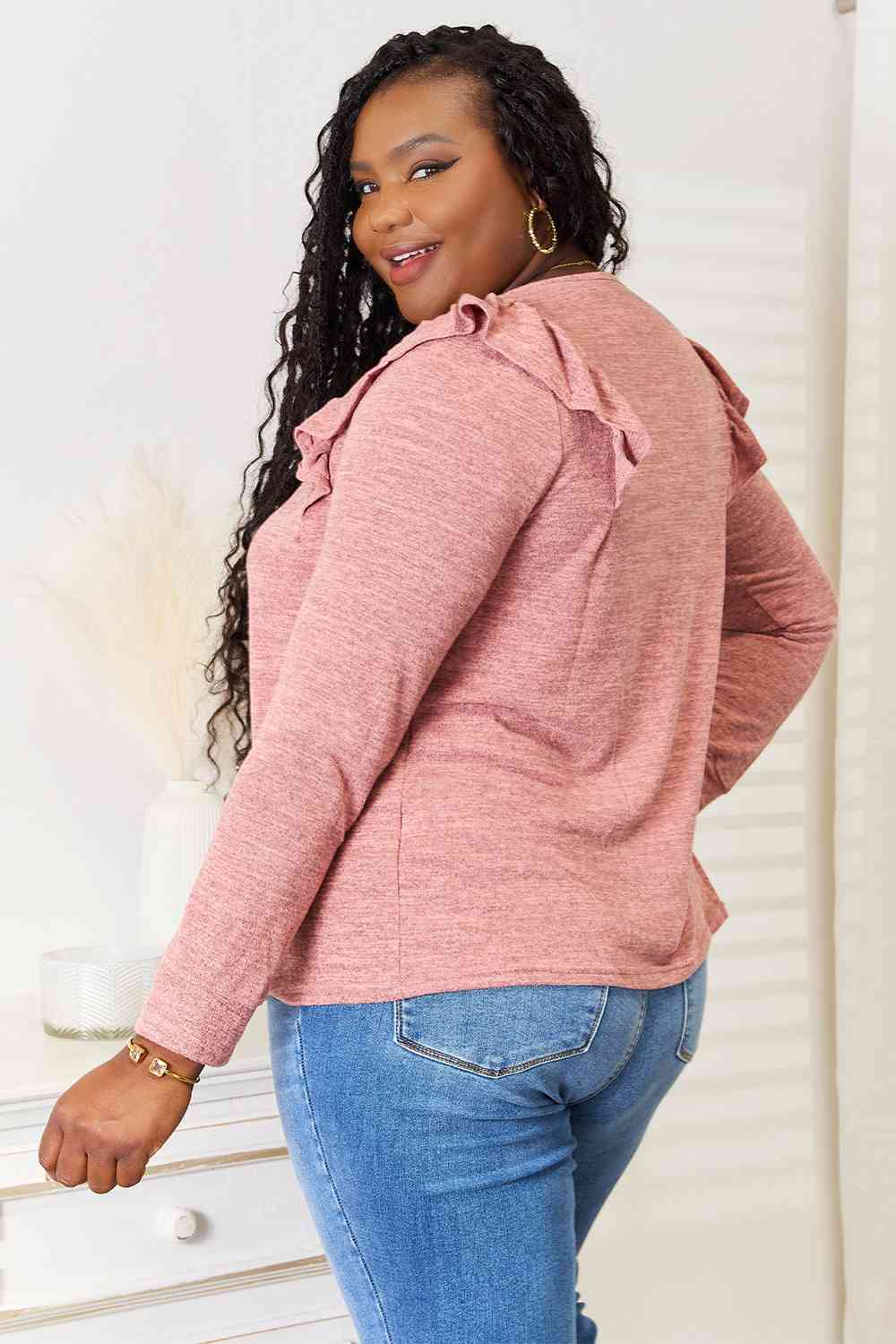 Double Take Square Neck Ruffle Shoulder Long Sleeve T-Shirt *
