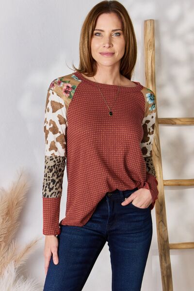 Hailey & Co Full Size Leopard Waffle-Knit Blouse *