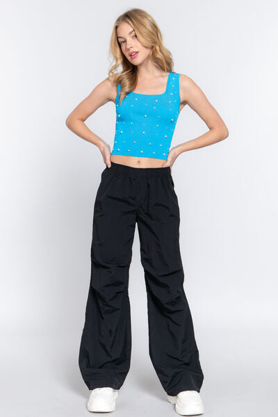 ACTIVE BASIC Pearl Detail Square Neck Cropped Tank *