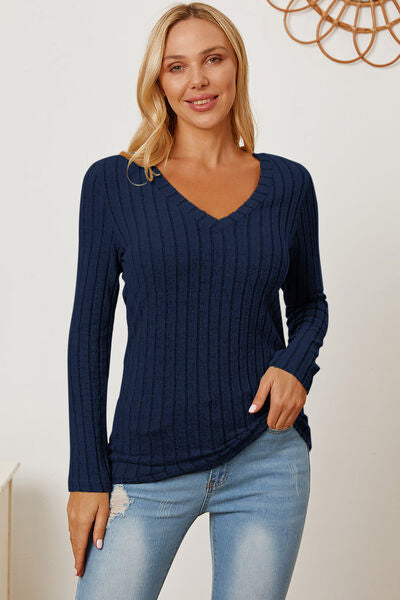Basic Bae Full Size Ribbed V-Neck Long Sleeve T-Shirt *