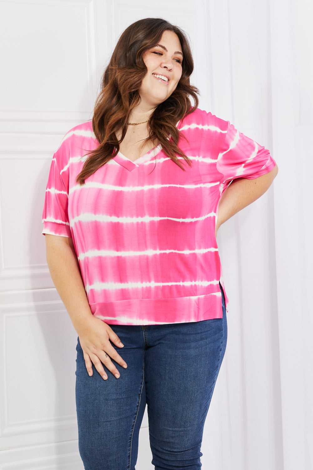 Yelete Full Size Oversized Fit V-Neck Striped Top *