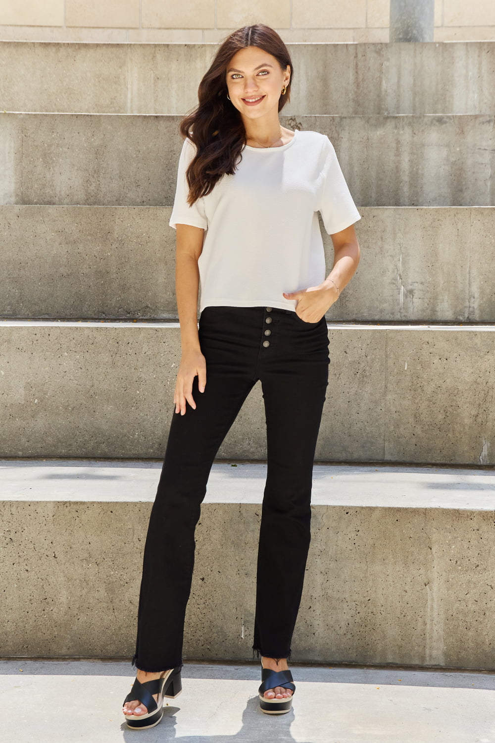 And The Why Pearly White Full Size Criss Cross Pearl Detail Open Back T-Shirt *