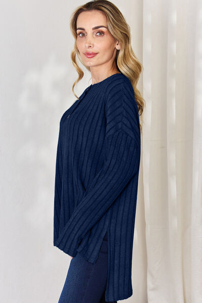 Basic Bae Full Size Ribbed Half Button Long Sleeve High-Low T-Shirt *