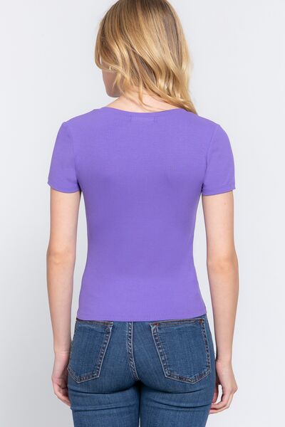ACTIVE BASIC V-Neck Ribbed Short Sleeve Knit T-Shirt *