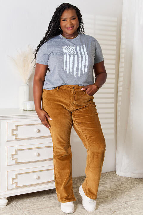 Simply Love US Flag Graphic Cuffed Sleeve T-Shirt *