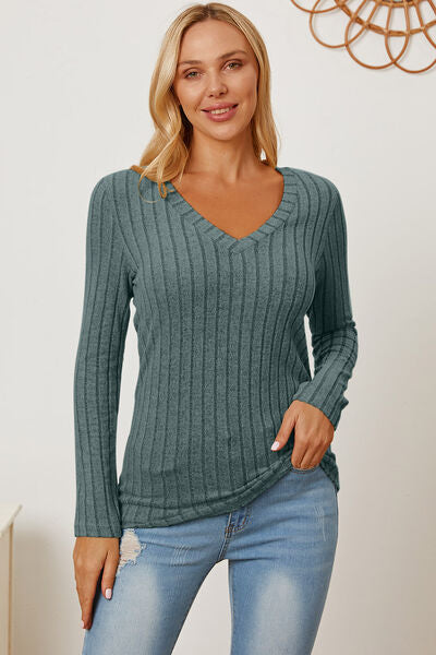 Basic Bae Full Size Ribbed V-Neck Long Sleeve T-Shirt *