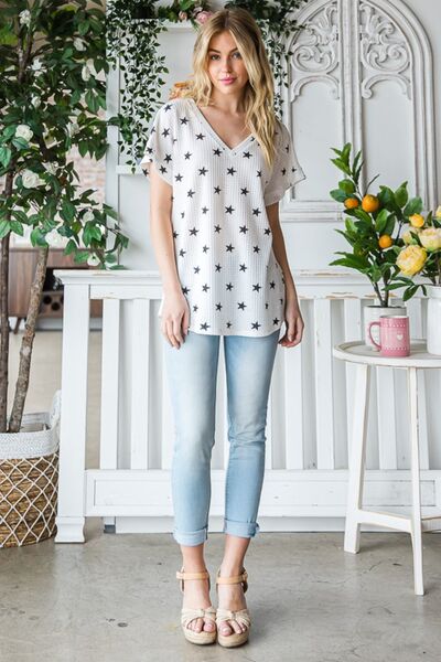 Heimish Full Size Star Print Short Sleeve V-Neck Waffle Knit T-Shirt *
