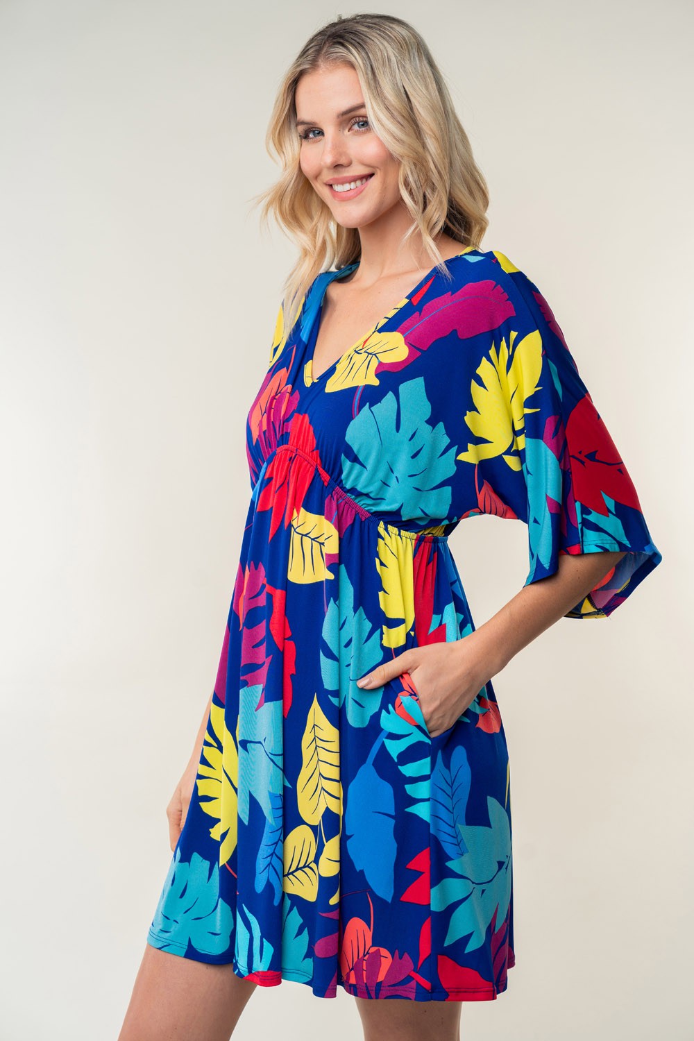 White Birch Full Size Printed V-Neck Mini Dress *