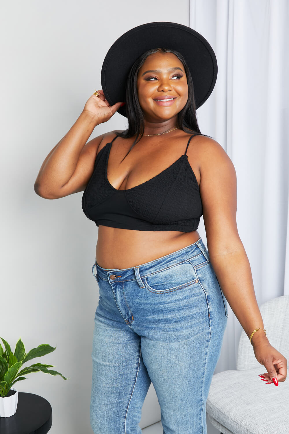 Zenana Full Size Textured Spaghetti Strap Bralette in Black *