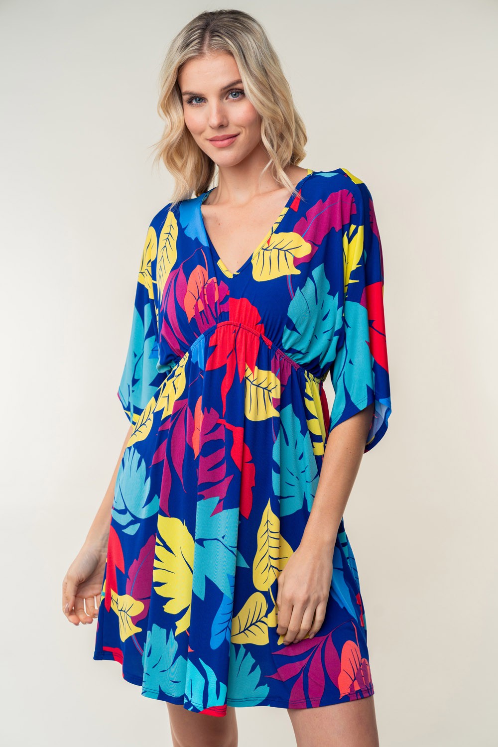 White Birch Full Size Printed V-Neck Mini Dress *